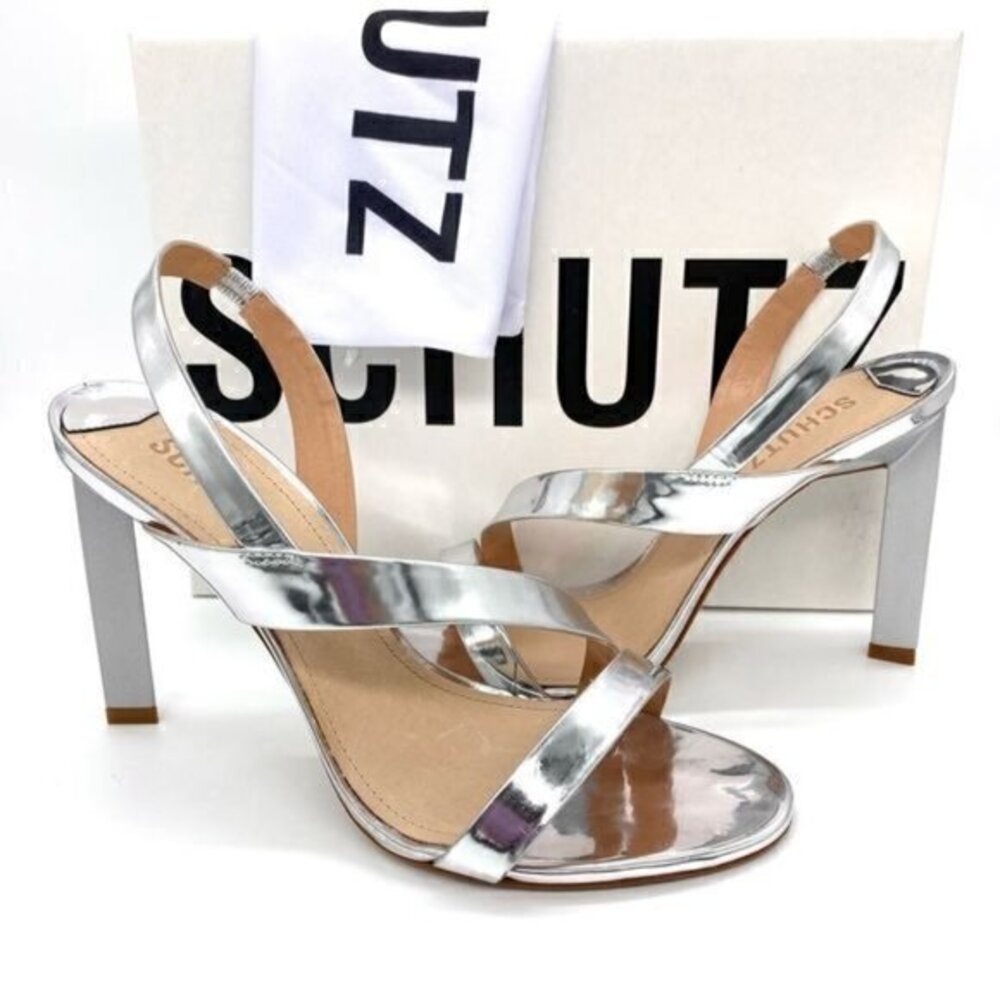Schutz Kelly Metallic Silver Slingback Sandal Heels New